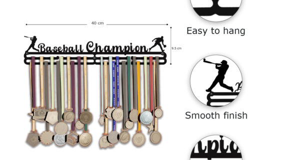 Baseball Champion Medal Hanger | Hangs Up to 60 Medals | Sports Medal Wall Display | Medal Holder | Black Glossy Finish Medal - Image 4