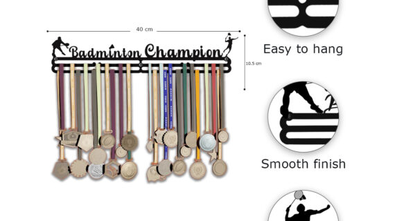 Badminton Champion Medal Hanger | Hangs Up to 60 Medals | Sports Medal Wall Display | Medal Holder | Black Glossy Finish Medal - Image 4