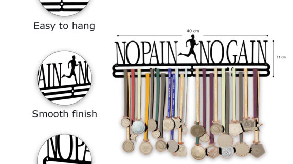 No Pain No Gain Medal Hanger| Hangs Up to 60 Medals  | Sports Medal Wall Display | Medal Holder| Black Glossy Finish Medal - Image 4